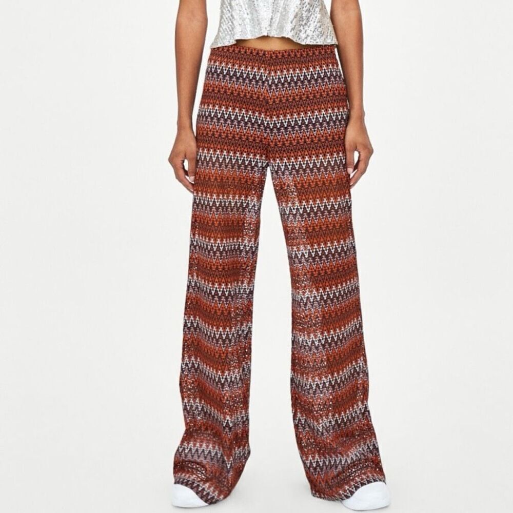 ZARA Trafaluc Zig Zag Chevron Open Knit Wide Leg Pants - Small